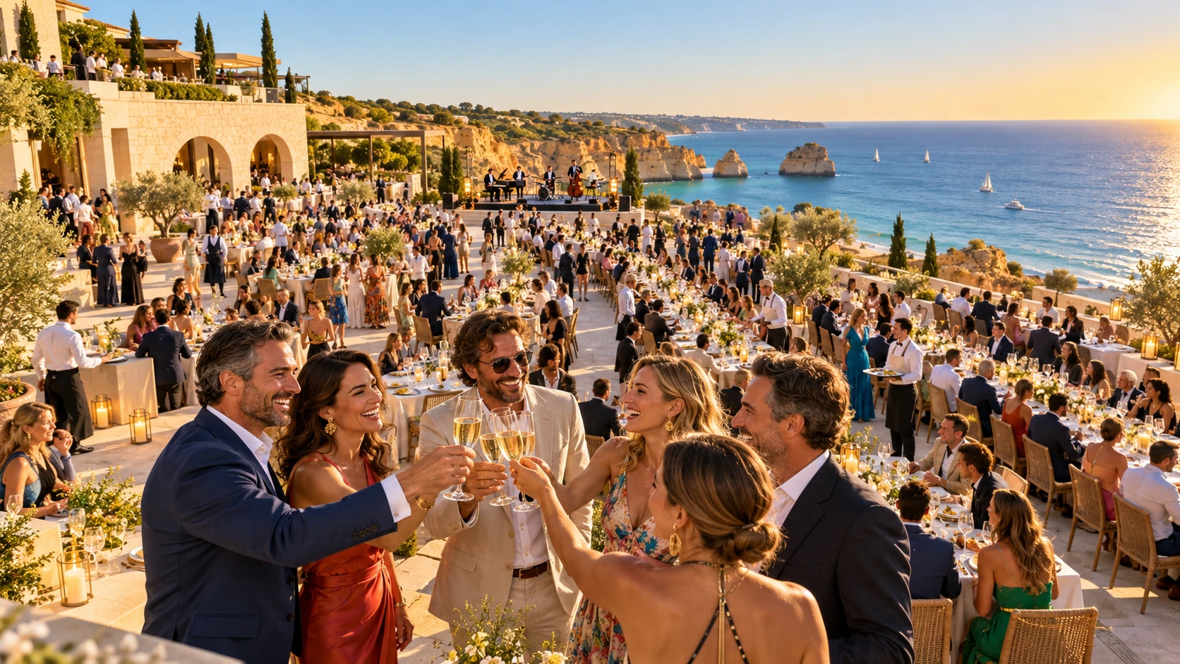 Editorial illustration of a large coastal gala with guests toasting, elegant dining tables and live music in golden afternoon light