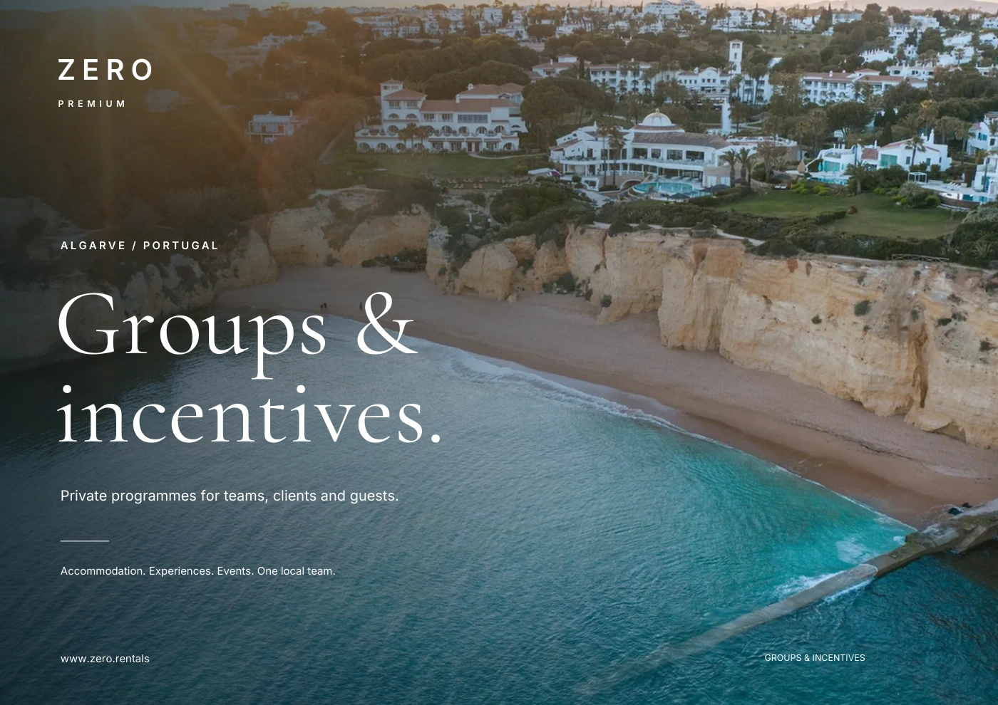 ZERO Premium Algarve groups and incentives brochure, with a coastal cove on the cover