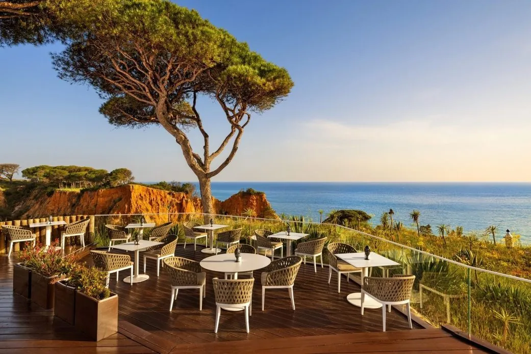 Outdoor tables beneath a pine tree at Mirador Champagne Bar, overlooking the Atlantic at golden hour.
