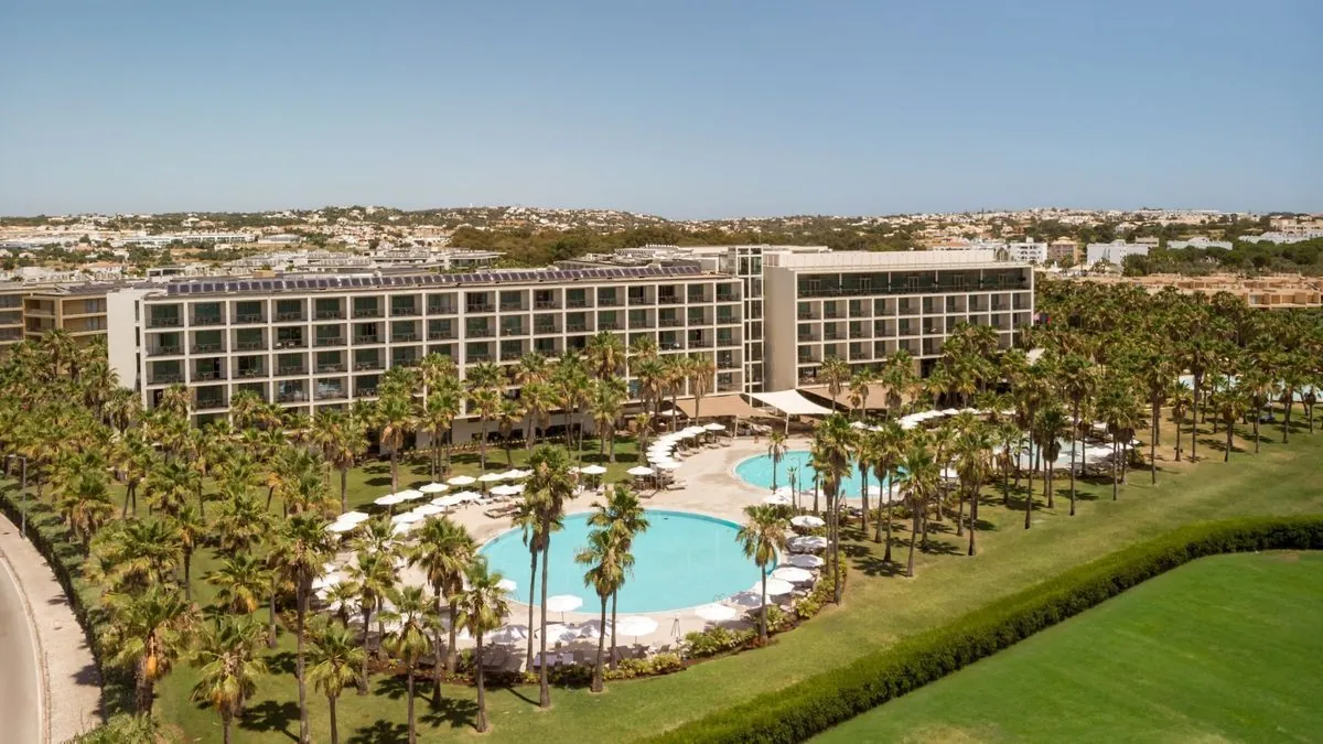 Aerial view of the Algarve Marriott Salgados resort, gardens and swimming pools.