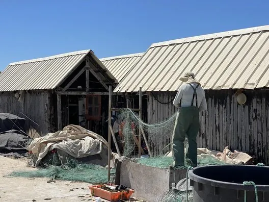Fishing buildings and nets in the maritime community of Culatra.