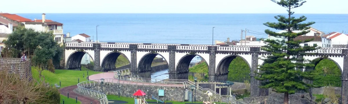 Ribeira Grande’s bridge, waterway and town buildings.