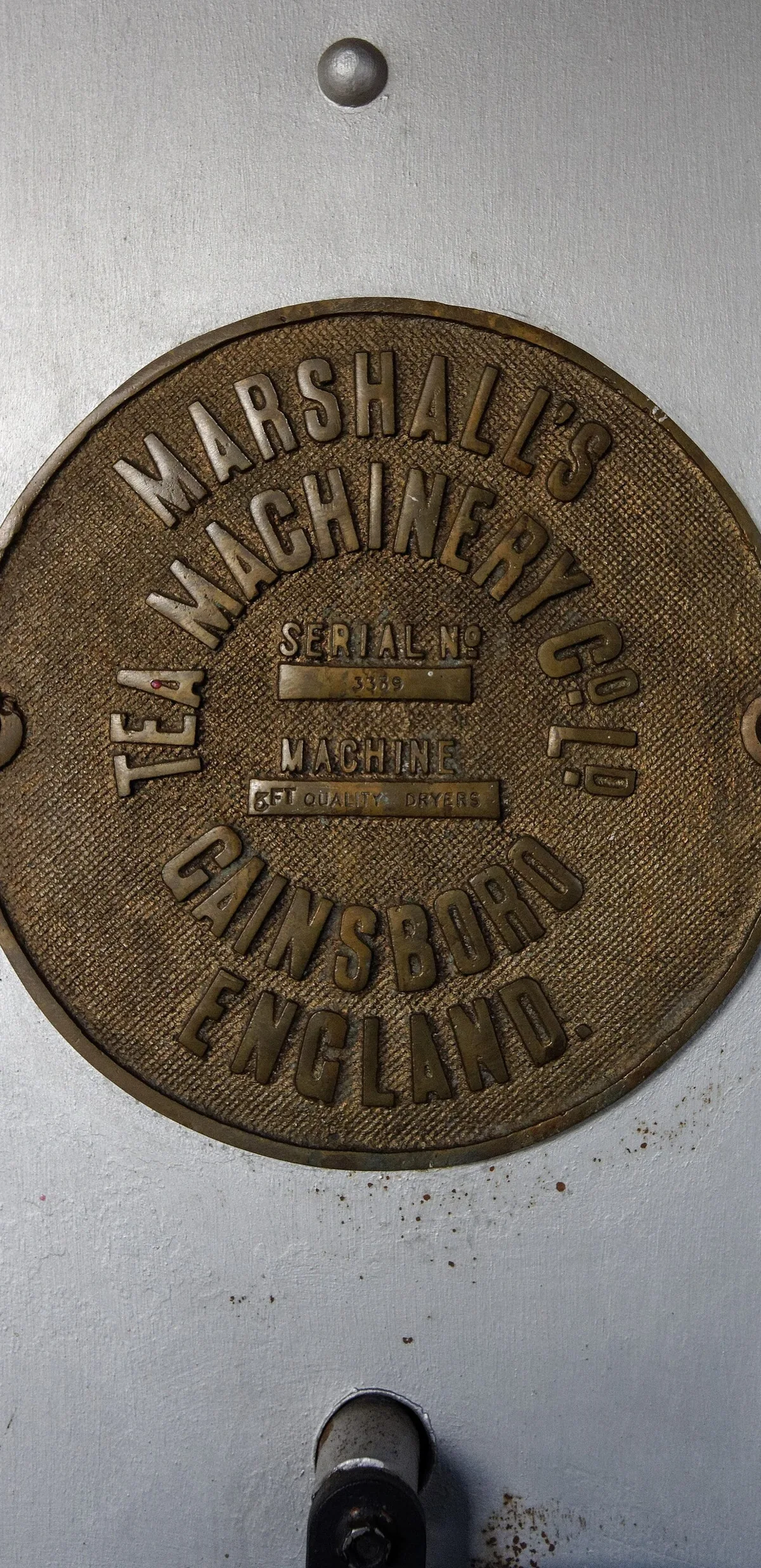 A circular historic gauge mounted on machinery at the Gorreana tea factory.