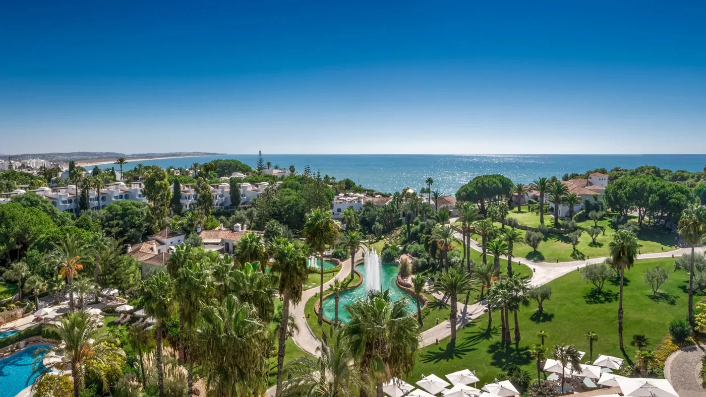 Gardens, pools and coastal resort buildings at Vila Vita Parc.