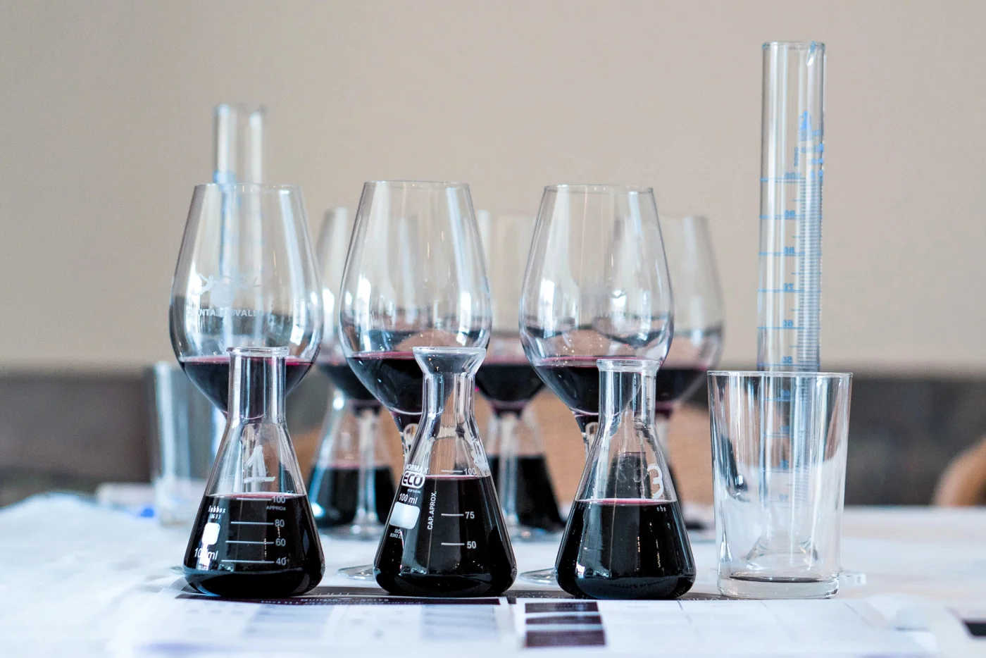 Wine glasses prepared for a tasting at Quinta dos Vales.