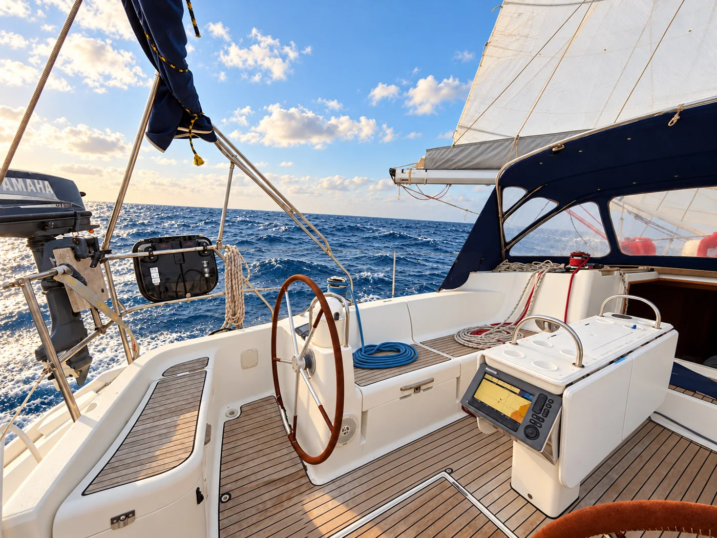 Helm and cockpit of S/Y ZERO under sail.