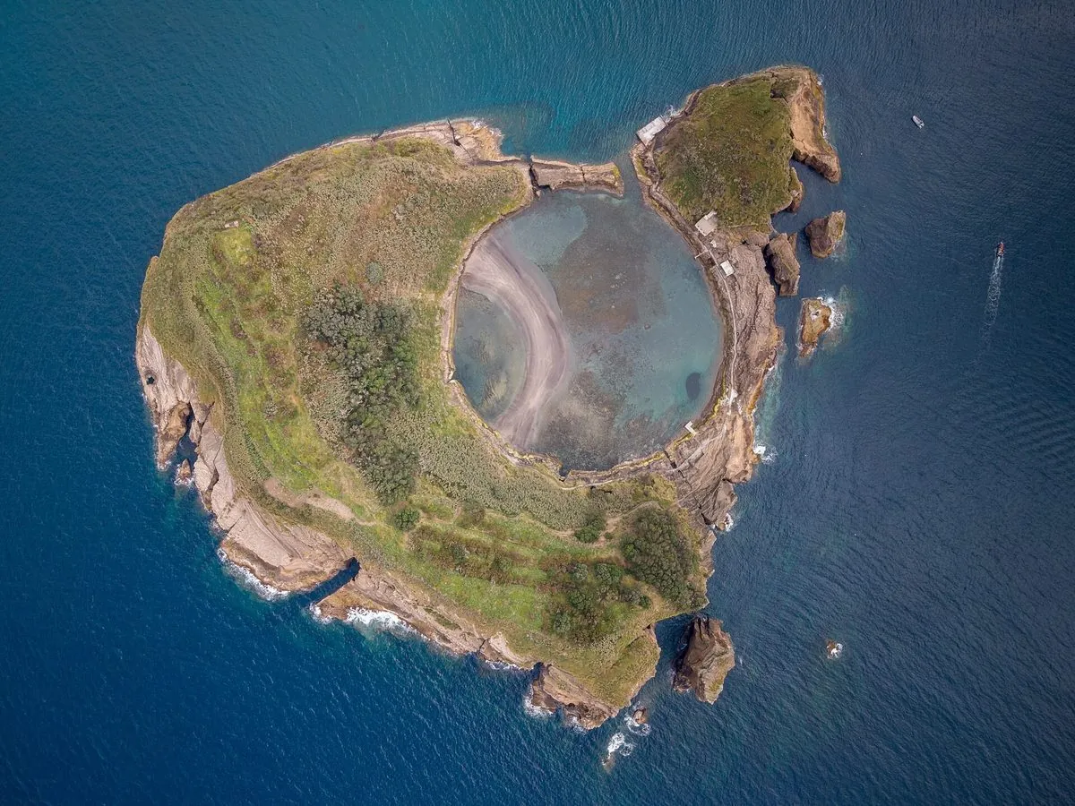 An aerial view of the circular lagoon inside Vila Franca islet off São Miguel.